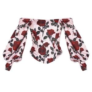 PLT Pale Pink Red Roses Printed Bardot Corset Top